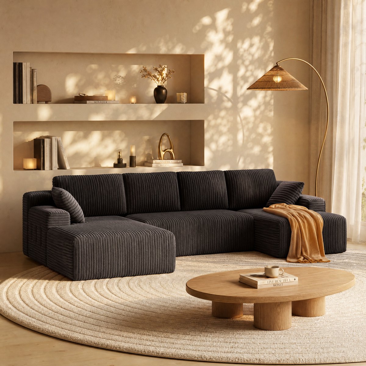 Bealife AR45 U-Bank - Modulaire Bank - Corduroy - Vrij Opstelbaar - Zijvak - Donkergrijs