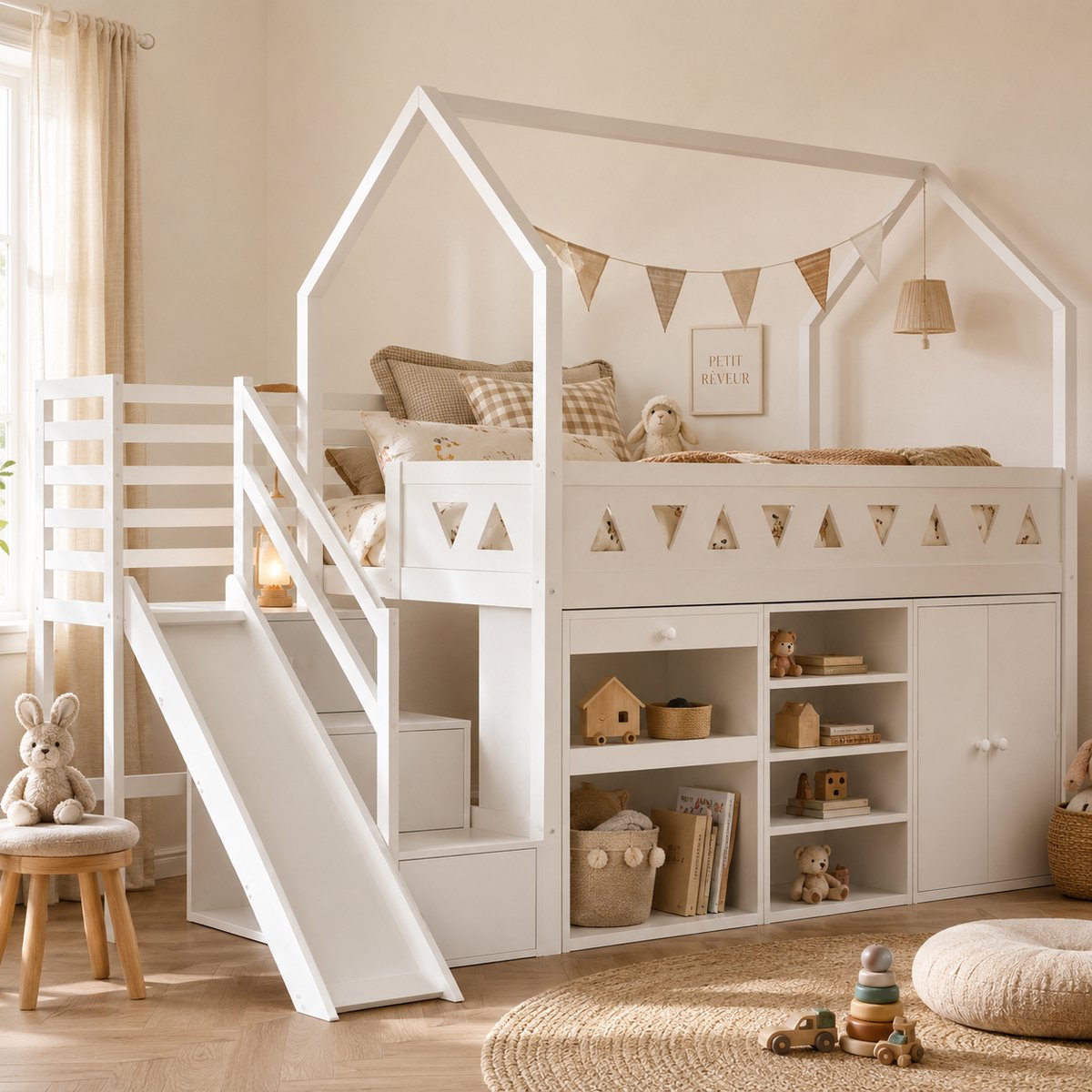Kinderbed 90x200 cm - Multifunctioneel Design met Opbergruimte en Glijbaan - Solid Wood - Wit