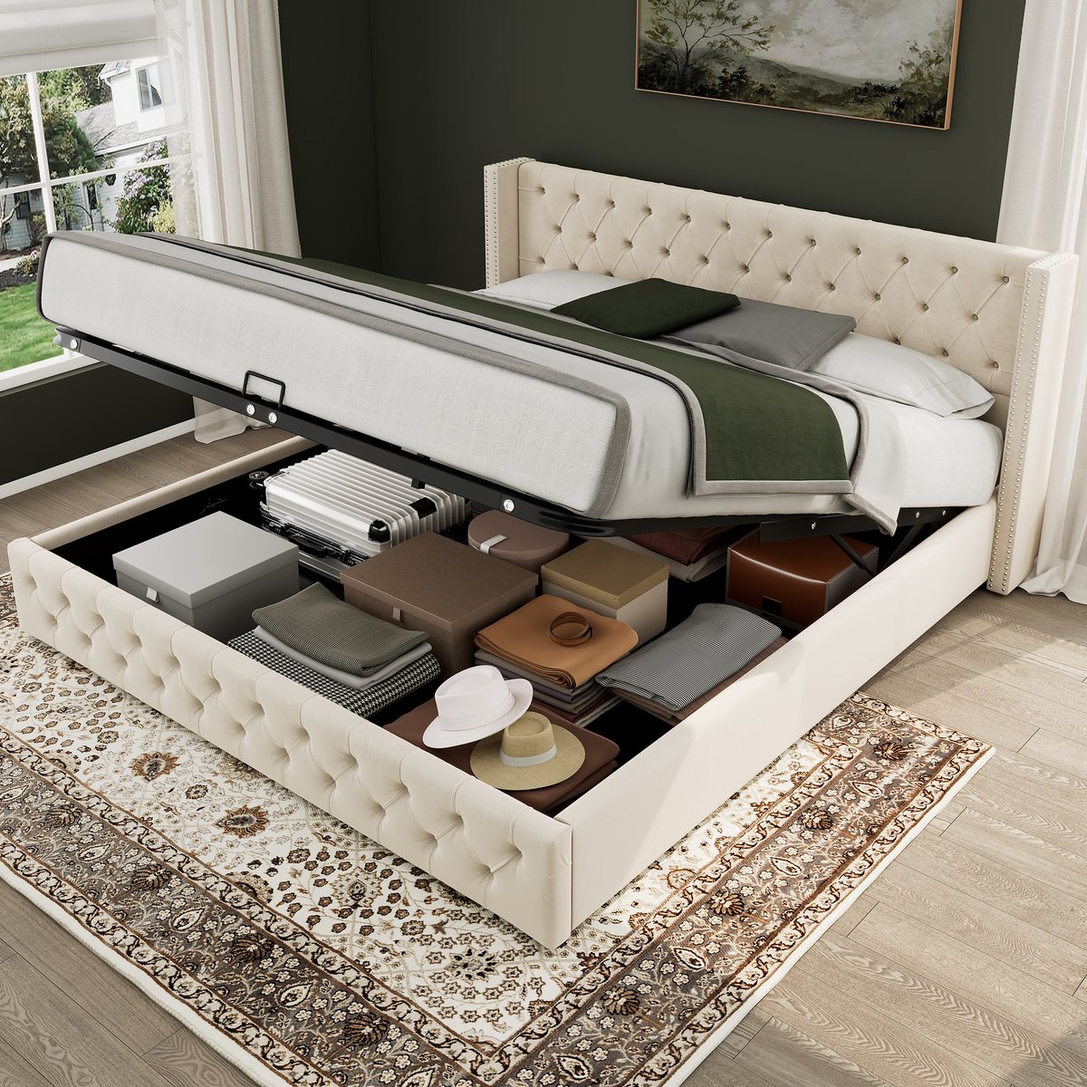 Polsterbed Doppelte Nietenreihe Samt - Beige - 140x200 cm - Chesterfield Stijl - Hydraulisch Opbergbed
