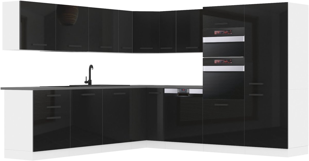 BELINI L-Vorm Keukenblok JANE - Keukenmeubel Set 480 cm Zwart Hoogglans zonder Werkbladen - Boven- en Onderkasten