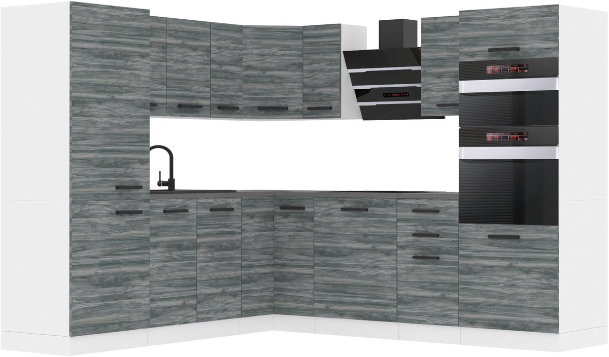 BELINI L-Vorm Keukenblok STACY - Keukenmeubel Set 420 cm Glamour Wood zonder Werkbladen - Boven- en Onderkasten