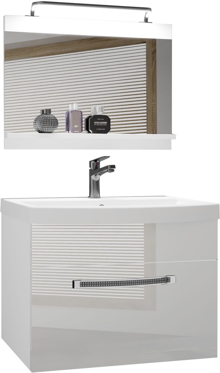 BELINI Badkamermeubel Set GLA P 1 - Badmeubelset 60 cm Wit Hoogglans met Wastafel, Spiegel en LED Lamp - Wandmontage