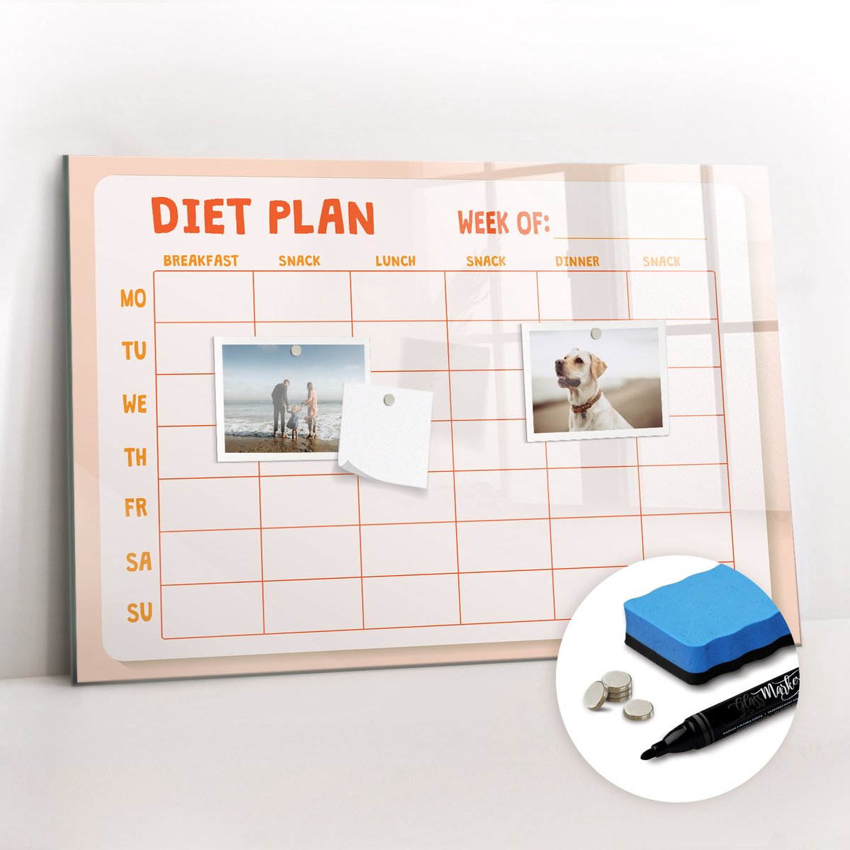 Tulup Whitebord - Wekelijkse maaltijdplanner voor het gezin - 60 x 40 cm - Oranje Magnet Board - Gratis 5 Sterke Magneten + Whiteboard Marker & Wisser - Scandinavisch Design Bord - Magneetbord Design - Organiseer Je Bureau