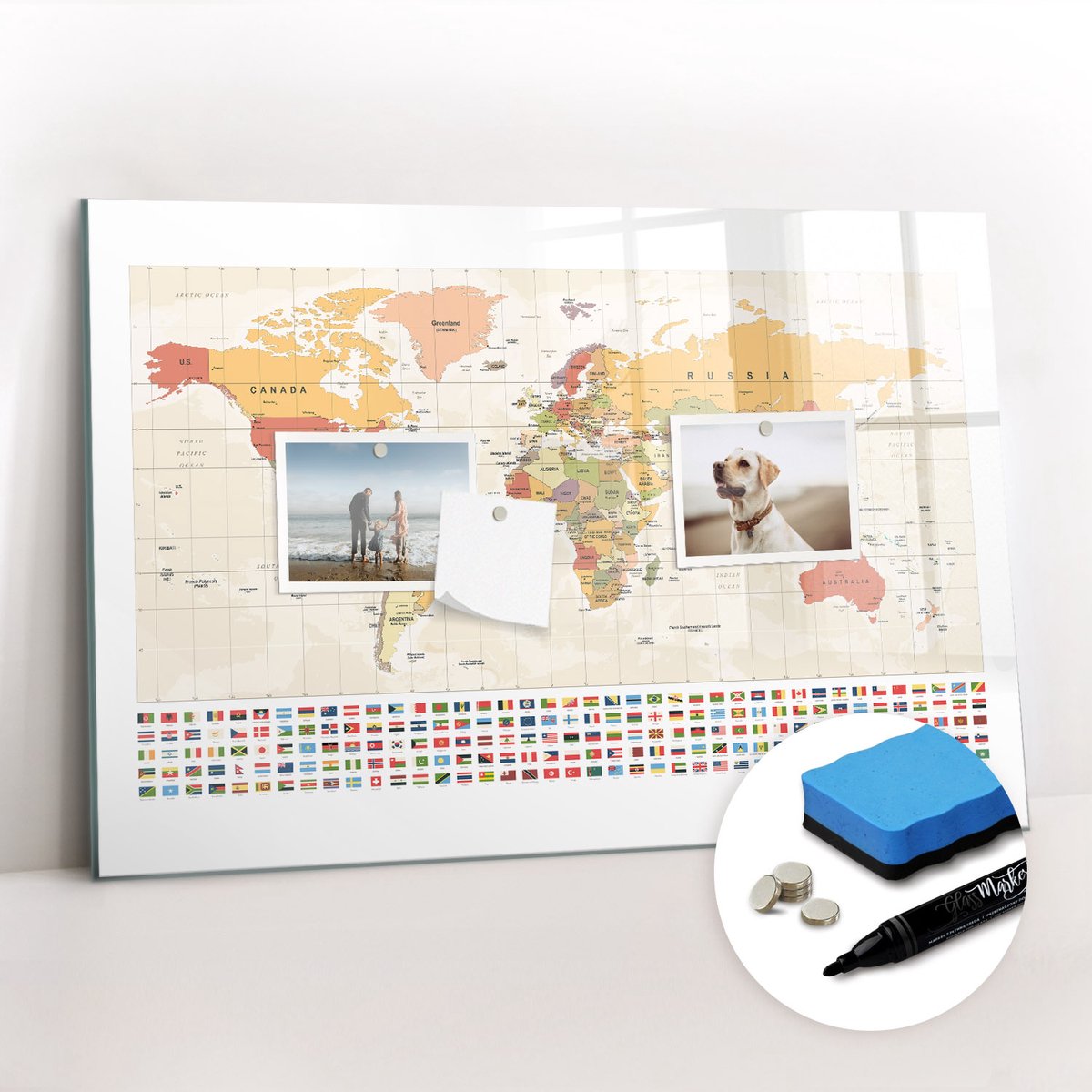 Tulup Whitebord - Wereldkaartproject - 60 x 40 cm - Oranje Magneetbord Keuken - Gratis 5 Sterke Magneten + Whiteboard Marker & Wisser - Organizer Muur - Magneetbord Muur - Notitiebord Werkplek