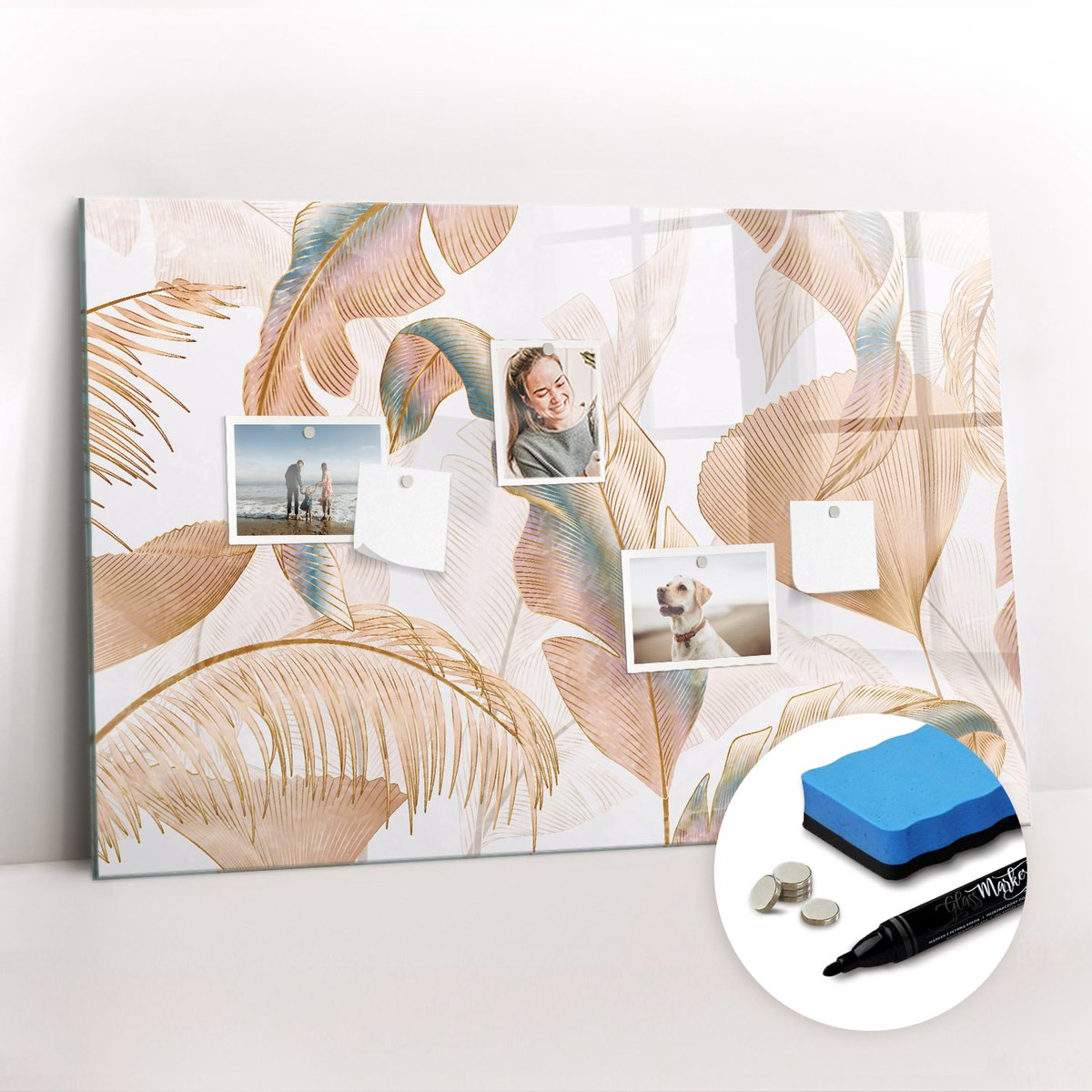 Tulup Whitebord - Natuurlijk bladpatroon - 90 x 60 cm - Veelkleurig Magneetbord Keuken - Gratis 5 Sterke Magneten + Whiteboard Marker & Wisser - Moderne Wanddecoratie - Magnetic Board - Organiseer Je Bureau