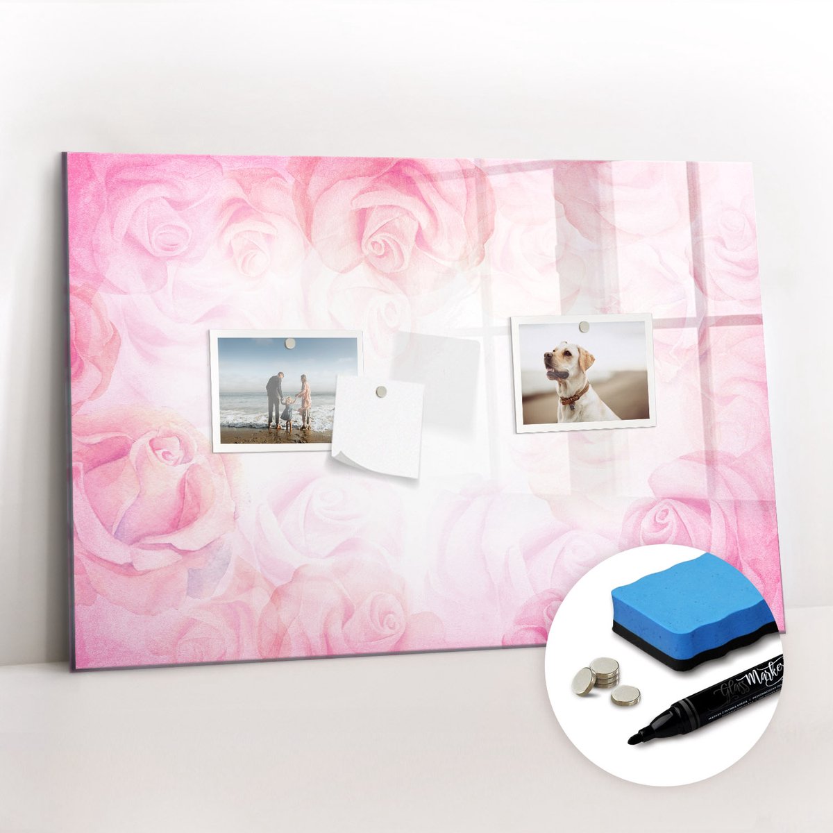 Tulup Whitebord - Abstracte rozen - 60 x 40 cm - Roze Magneetbord Keuken - Gratis 5 Sterke Magneten + Whiteboard Marker & Wisser - Minimalistisch Prikbord - Foto Magneetbord - Organiseer Je Bureau