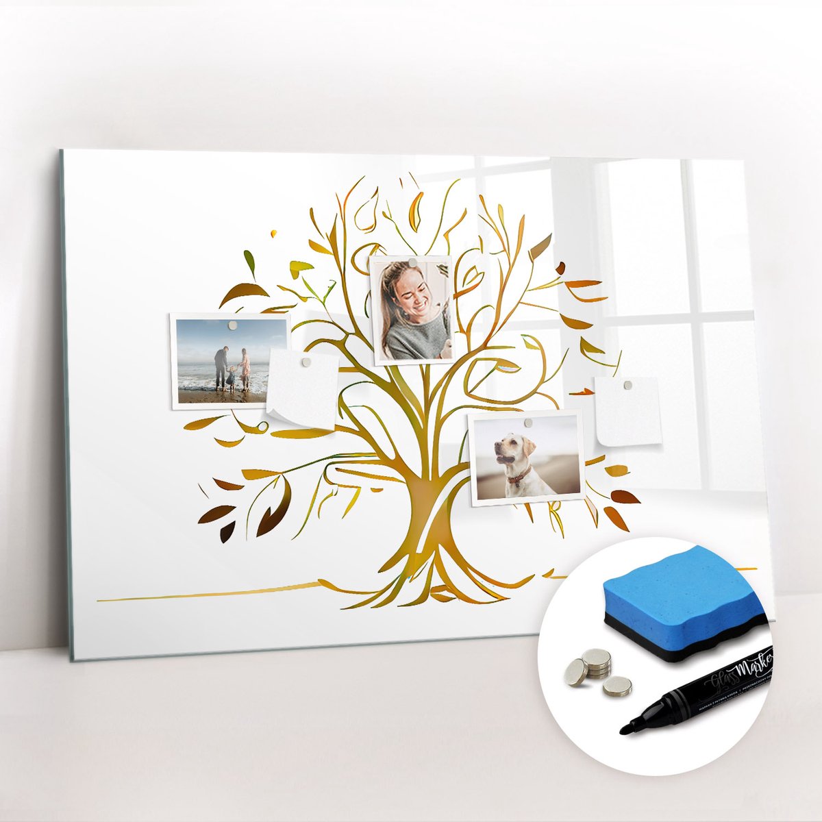 Tulup Whitebord - Gouden boom - 90 x 60 cm - Geel Magnetische borden voor reismagneten - Gratis 5 Sterke Magneten + Whiteboard Marker & Wisser - Interieur Accessoires Kantoor - Foto Magneetbord - Productiviteit Tools