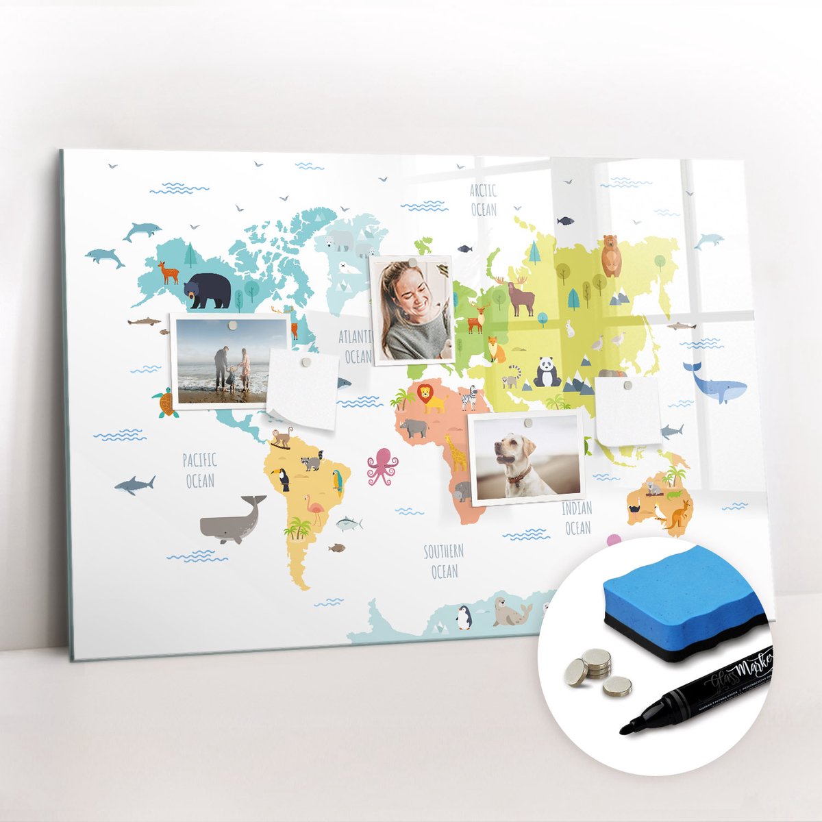 Tulup Whitebord - Natuurkaart van de wereld - 90 x 60 cm - Veelkleurig Magneetbord Design - Gratis 5 Sterke Magneten + Whiteboard Marker & Wisser - Minimalistisch Prikbord - Magneetbord Muur - Organiseer Je Bureau