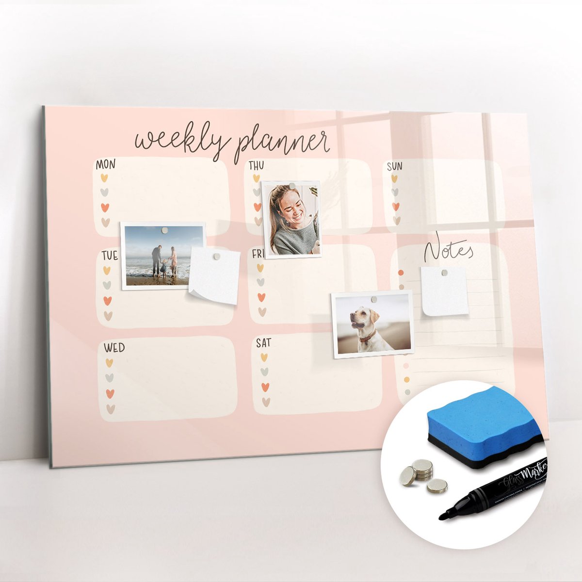 Tulup Whitebord - Een fijne weekplanner - 90 x 60 cm - Roze Magneetbord Rechthoekig - Gratis 5 Sterke Magneten + Whiteboard Marker & Wisser - Stylish Memo Board - Magnetisch Memobord - Notitiebord Werkplek