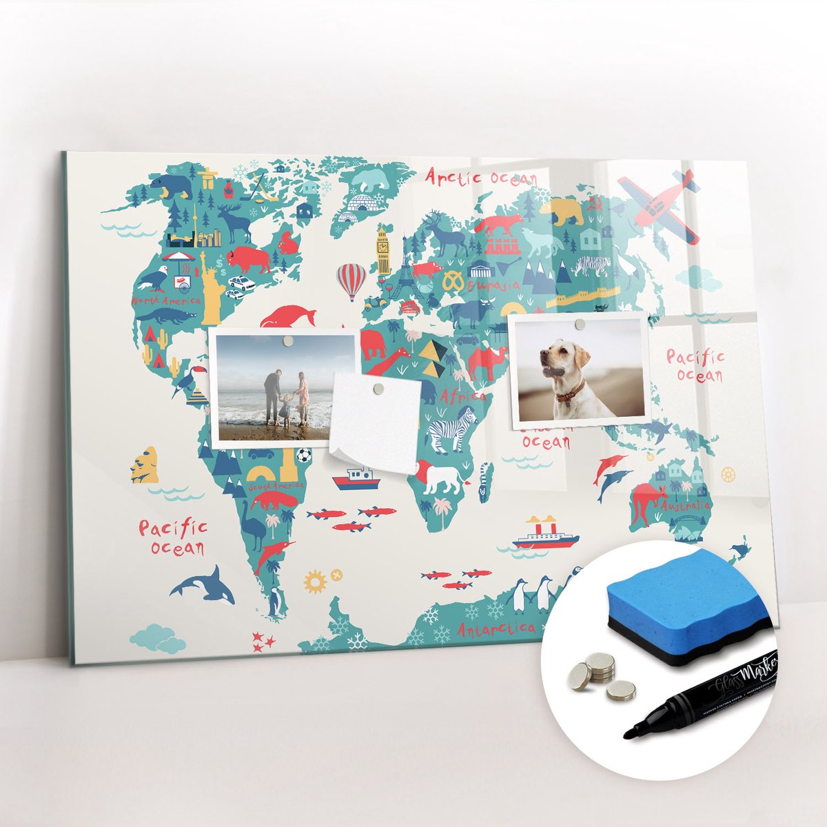 Tulup Whitebord - Picturale wereldkaart - 60 x 40 cm - Veelkleurig Memo Magneetbord - Gratis 5 Sterke Magneten + Whiteboard Marker & Wisser - Minimalistisch Prikbord - Memo Magneetbord - Planning Muur