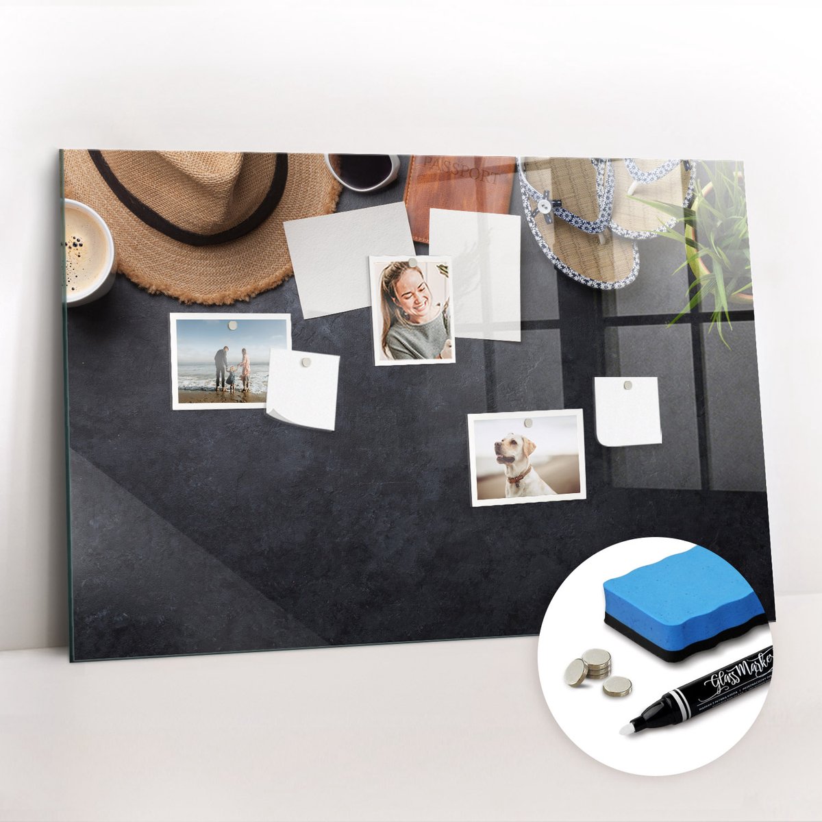 Tulup Whitebord - Vakantie - 90 x 60 cm - Veelkleurig Memobord Glas - Gratis 5 Sterke Magneten + Whiteboard Marker & Wisser - Design Memobord - Magnetisch Memobord - Ideeënbord Thuiswerkplek