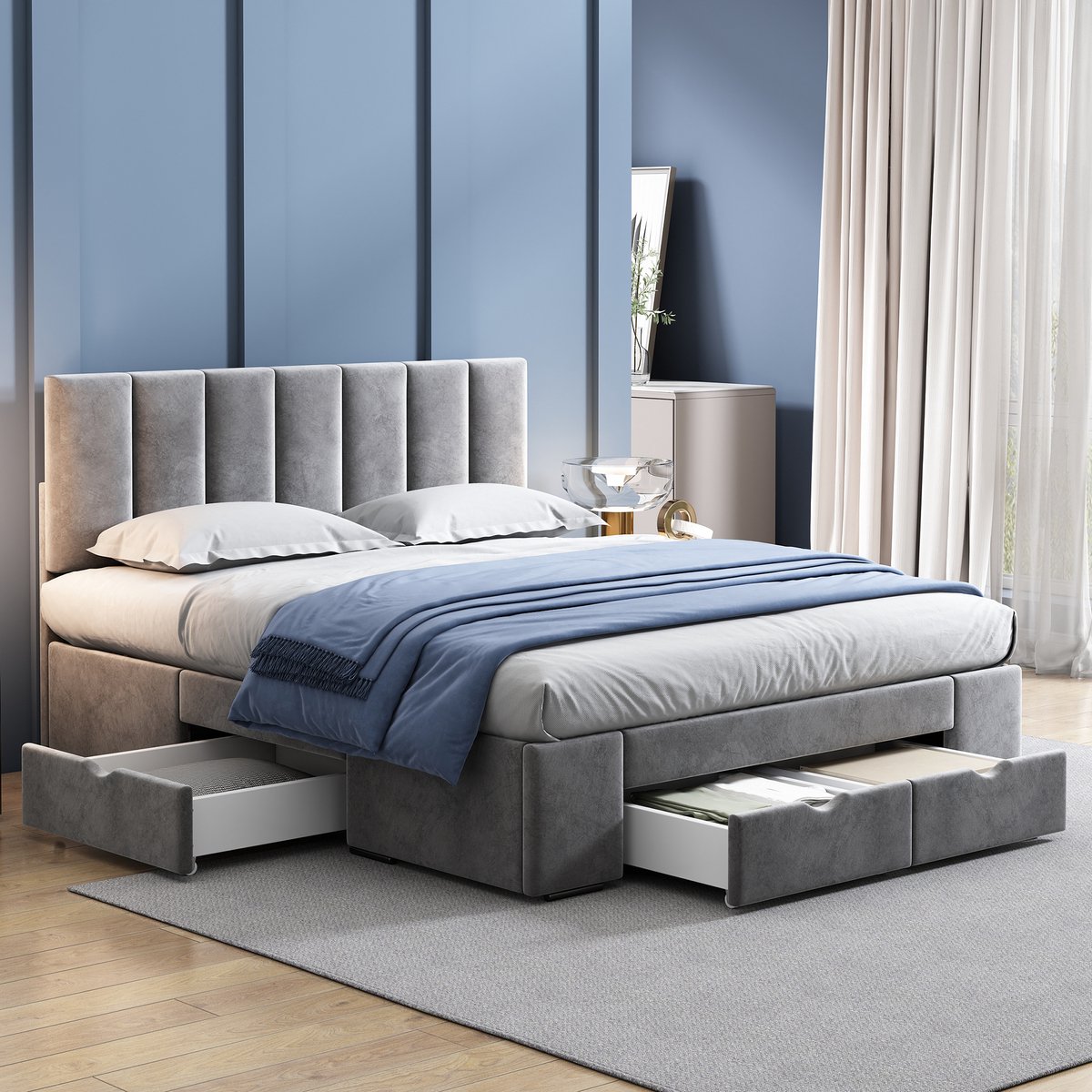 Gestoffeerd Bed 140x200 cm - Velvet Bed Met 4 Laden, Lattenbodem En Hoofdbord Grijs