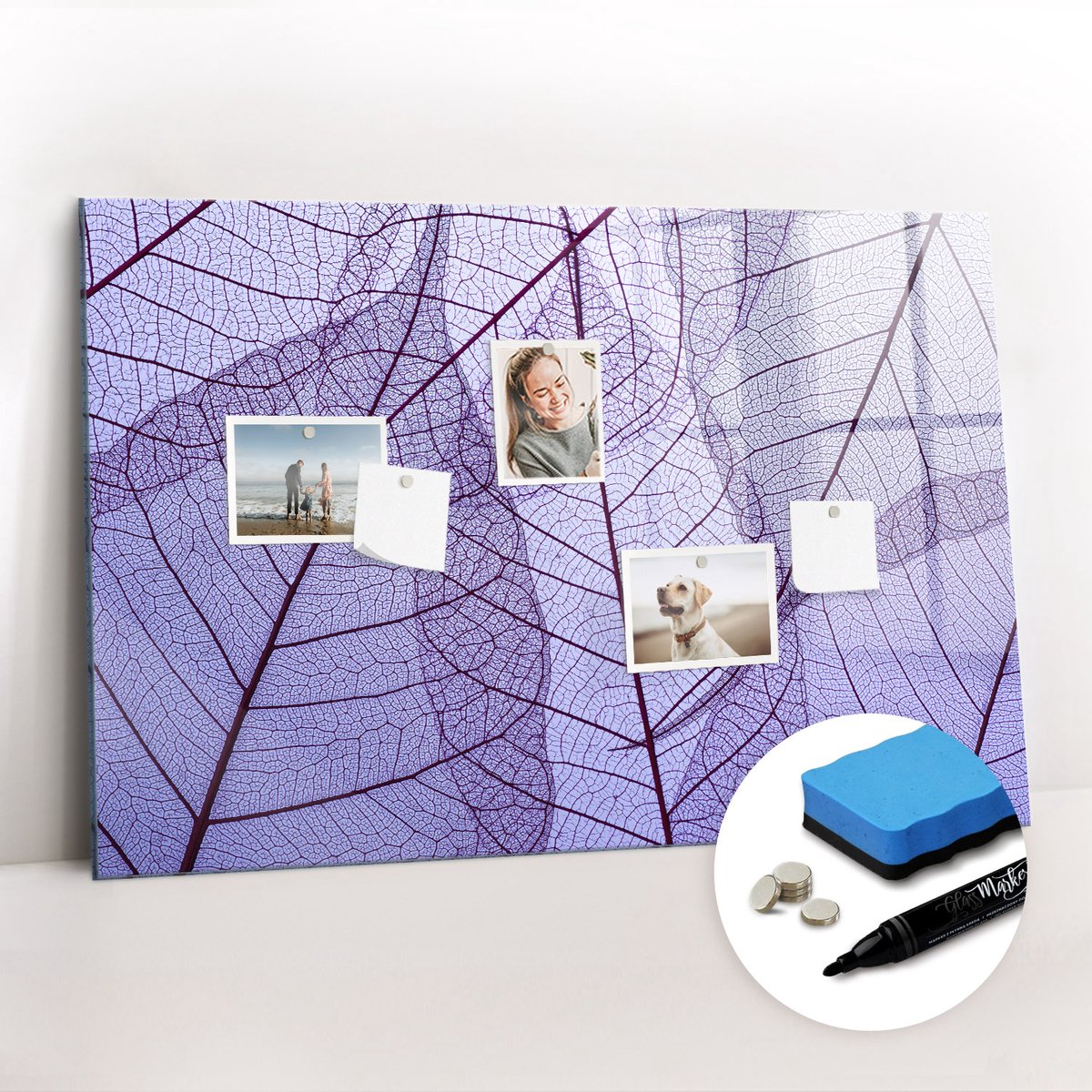 Tulup Whitebord - Bladeren van de natuur - 90 x 60 cm - Paars Memobord Glas - Gratis 5 Sterke Magneten + Whiteboard Marker & Wisser - Industrieel Wandbord - Memobord Magnetisch - Ideeënbord Thuiswerkplek