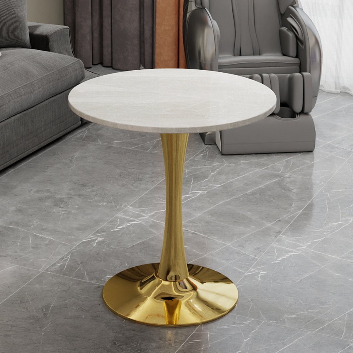 KOMHTOM - Ronde Salontafel en Eettafel - Mid-Century Modern Stijl - 27,6 Inch - Rond Marmeren Tafelblad met Witte Geaderde Afwerking - Goud - Geschikt voor 2-4 Personen
