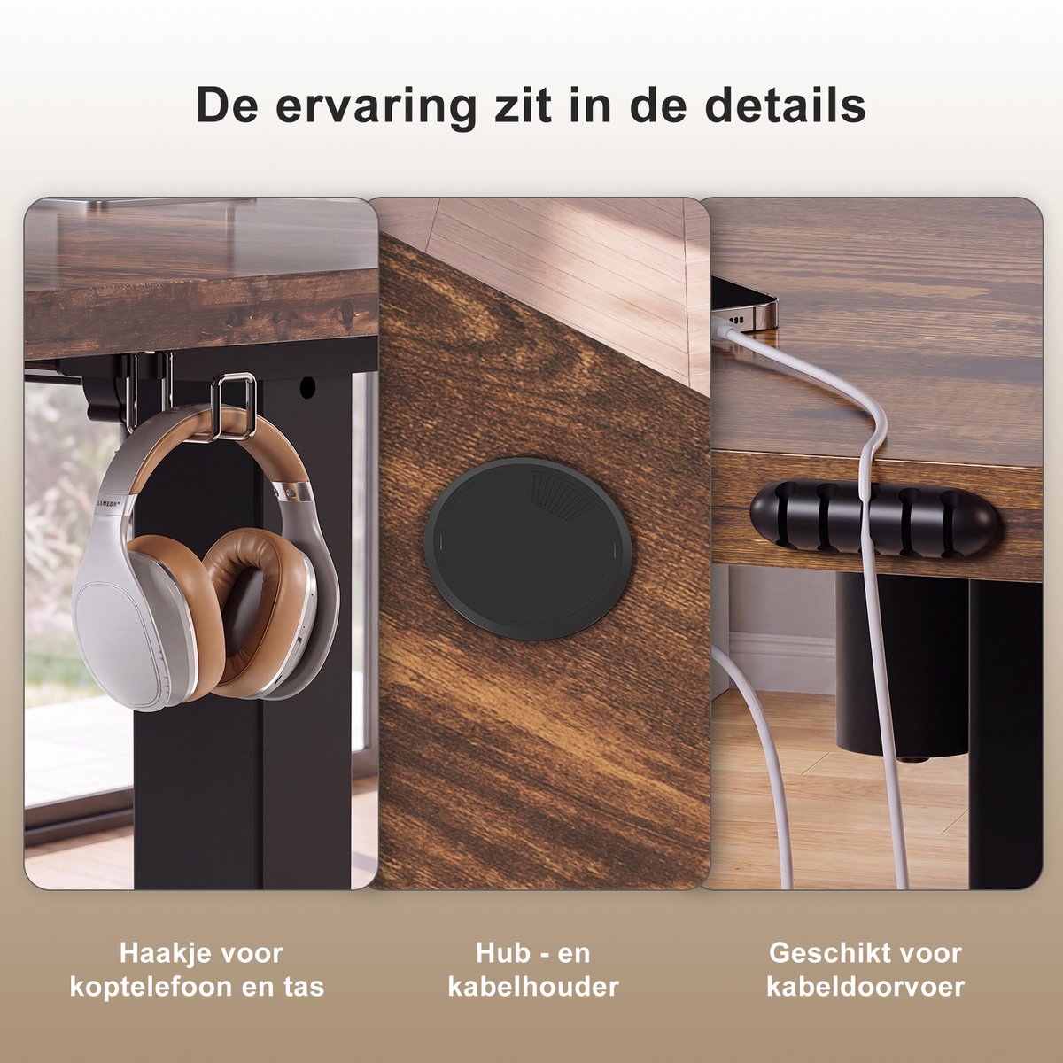 Devoko Elektrisch Verstelbaar Zit-Sta Bureau 100x60 cm Breed – Hoogte 73–118 cm – 2 Geheugenstanden, Zit-Herinnering, LED-Display en USB – Draagvermogen 70 kg – Vintagebruin thumbnail 6