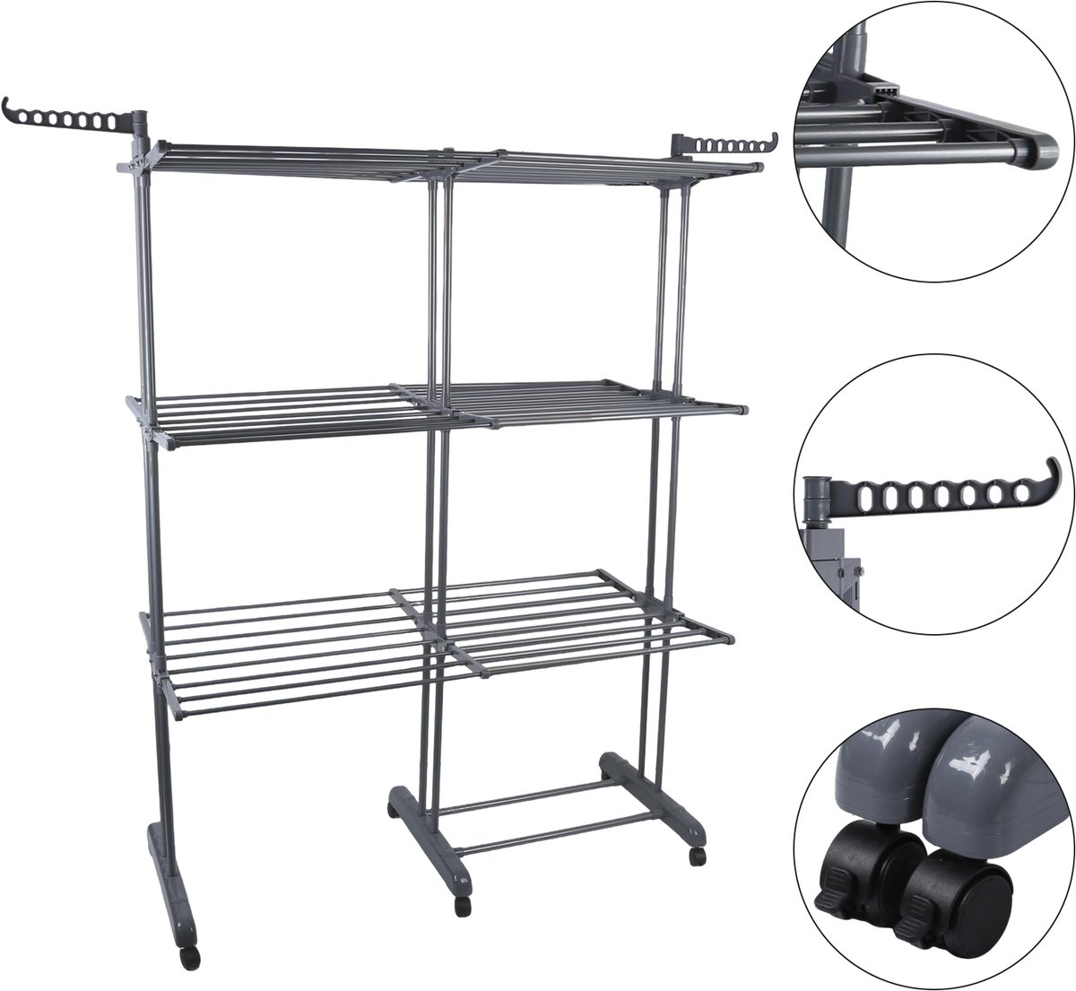 PIPIPOXER- Wasrek Inklapbaar-Droogrek-Staand Droogrek -Uitschuifbare Droogtoren – 3 Verdiepingen – 132 meter Drooglengte- Ruimtebesparend Wasrek -132x49x170 CM- Droogrek op Wielen - grijs