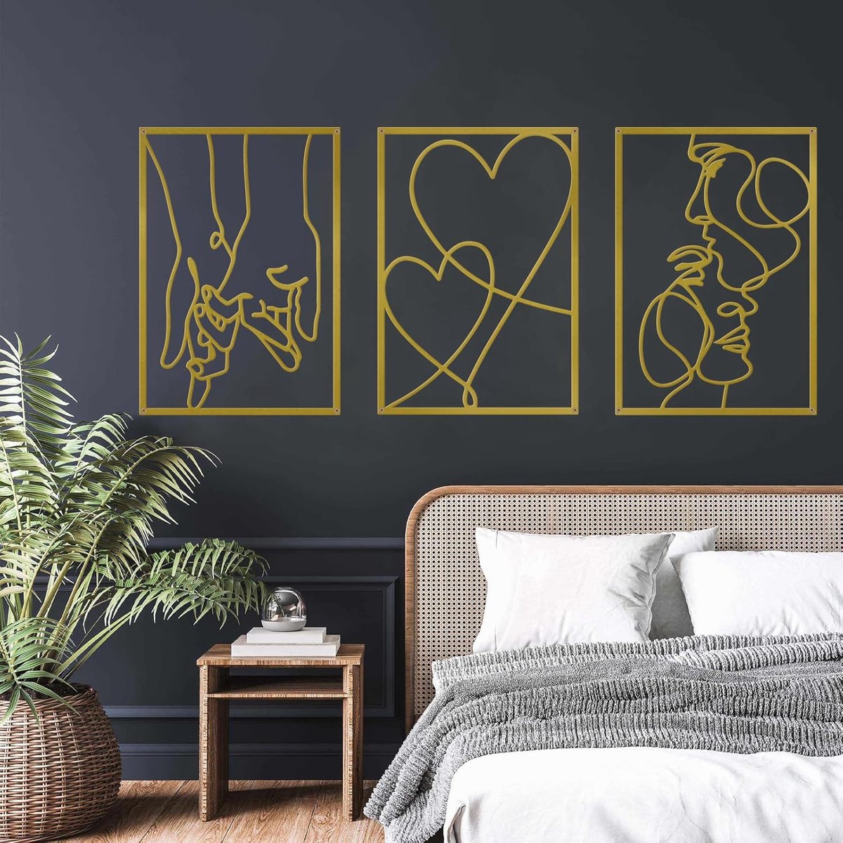 SnelShoppen - 3-delige Metaal Minimalistische Wanddecoratie, Moderne Aesthetic Wandkunst, Handgeschilderde Kus, Hart en Hand in Hand, Ideaal voor Slaa