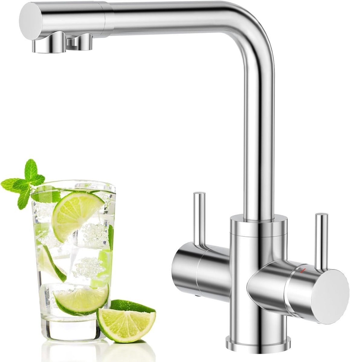 SnelShoppen - 4-Weg Keukenkranen met Dubbele Handgreep, RVS, Chroom Geplateerd, Voor Koud Water, Warm Water, Gefilterd Water en Soda Water, Perfect vo