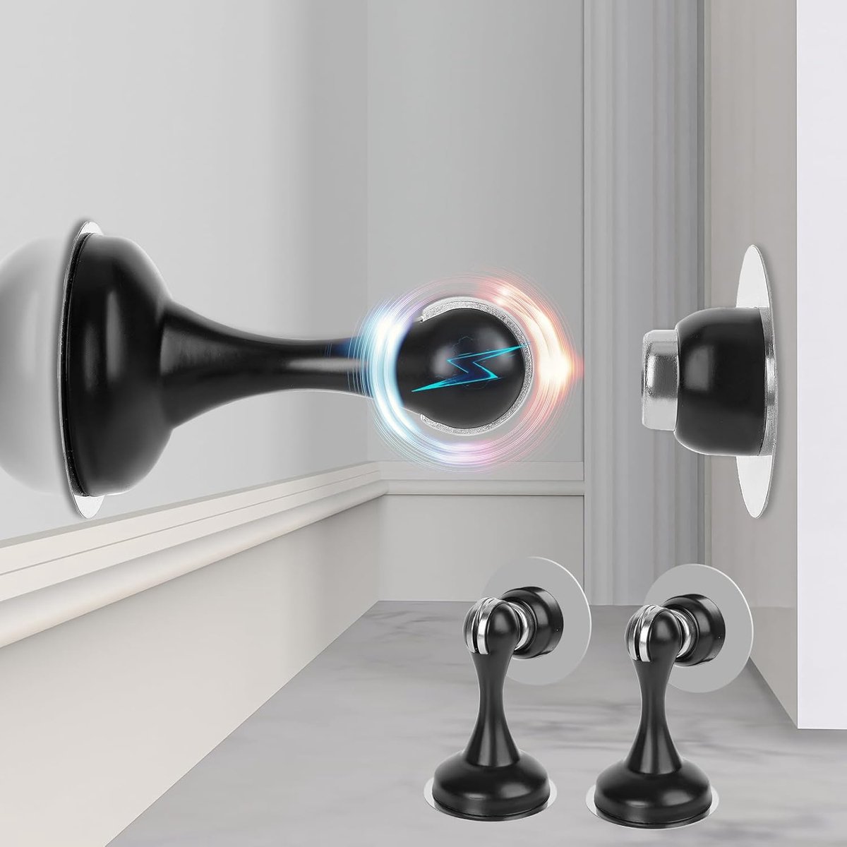 SnelShoppen - 2 Stuks Magnetische Deuropeners, Roestvrijstalen Deurstopper met Sterke Magneten, Dubbelzijdige Lijm voor Deuren, Zwart, Geluiddempende