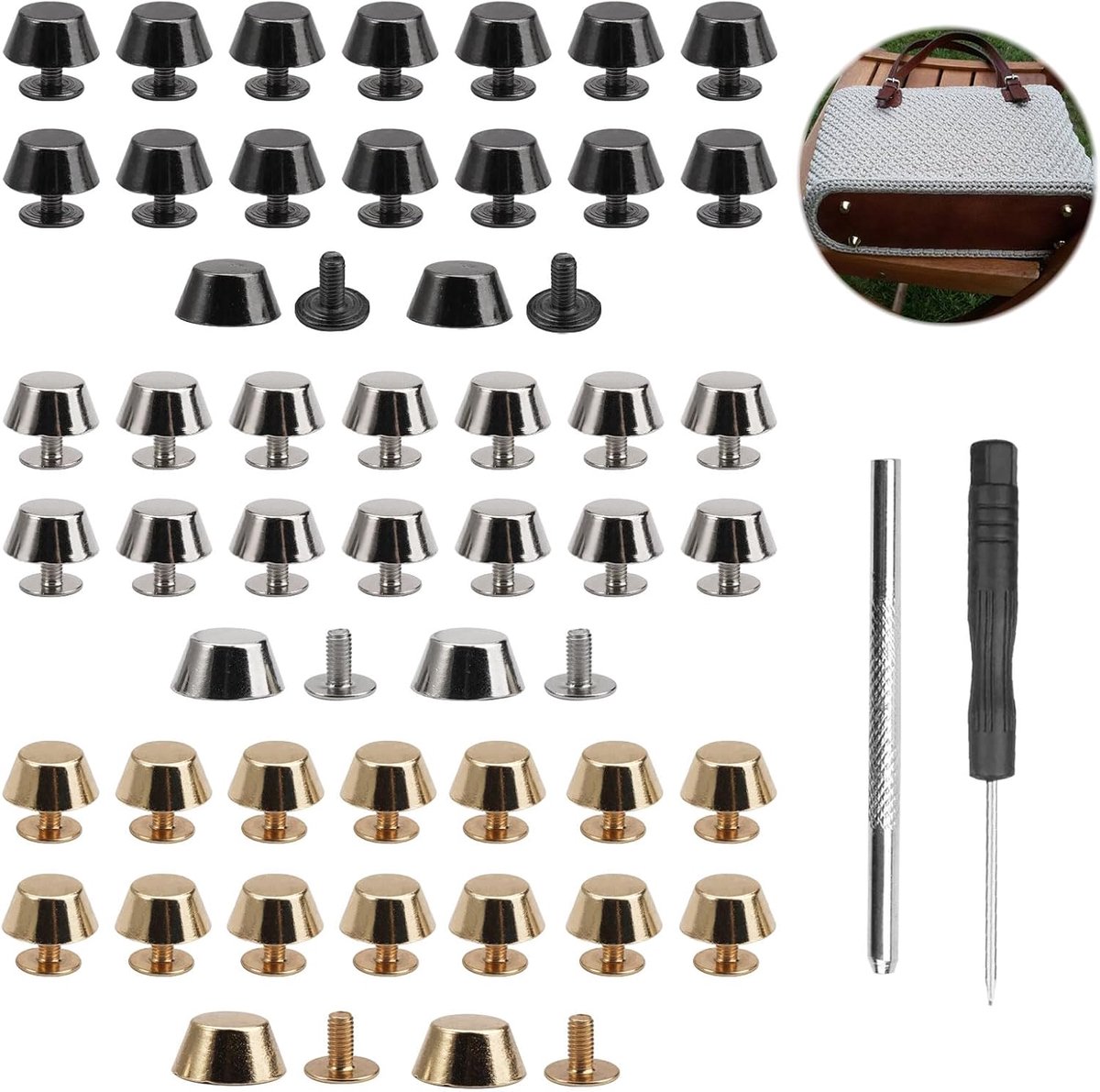 SnelShoppen - 48 Stuks Pocket Voeten Vloernagels voor Tassen | Metalen Voeten voor Tassen, Plat Hoofd, Rivetten, Ronde Rivetten, Inclusief Schroevendr