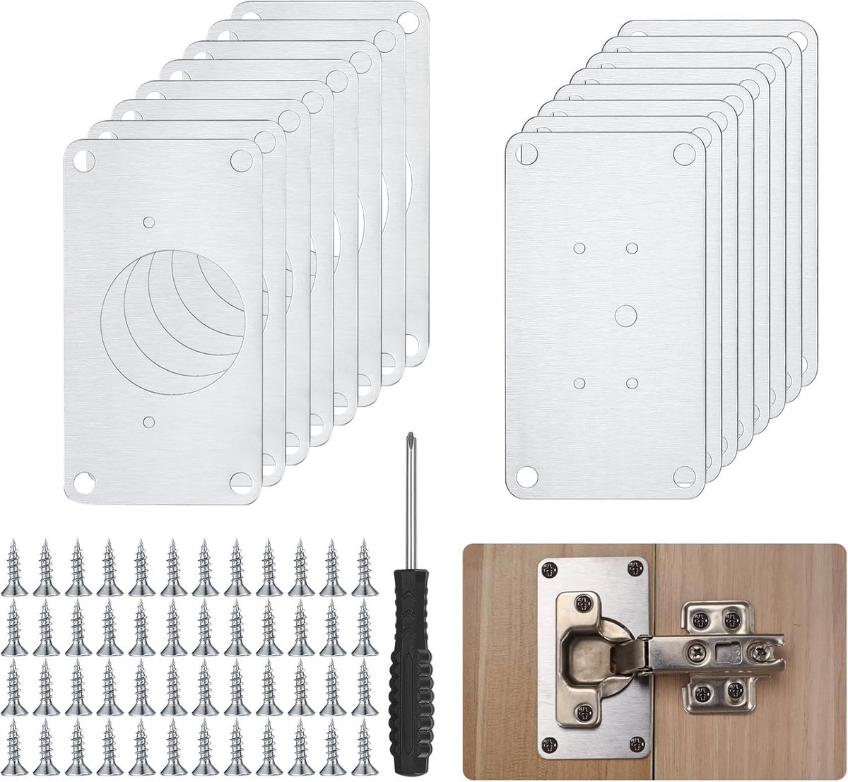 SnelShoppen - 16 Stuks Kast Scharnier Reparatieplaten, Roestvrijstalen Hinge Repair Kit voor Meubels, Kast, Lade, Raam, Inclusief Schroevendraaier