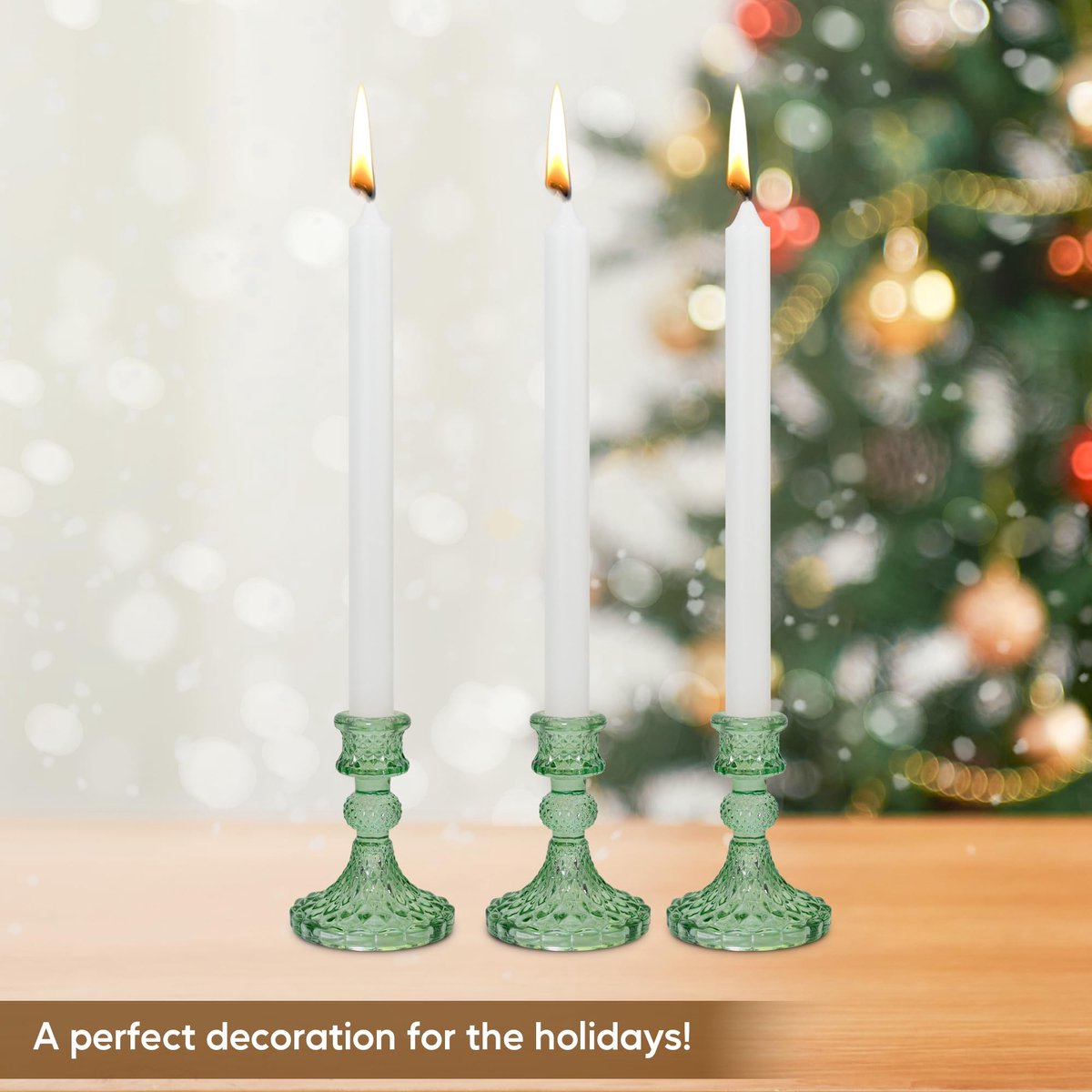 SnelShoppen - Esdallina glazen kandelaarhouder set van 3, pilaarkaarshouder in groen, perfecte desktopdecoratie voor bruiloften, diners en feesten