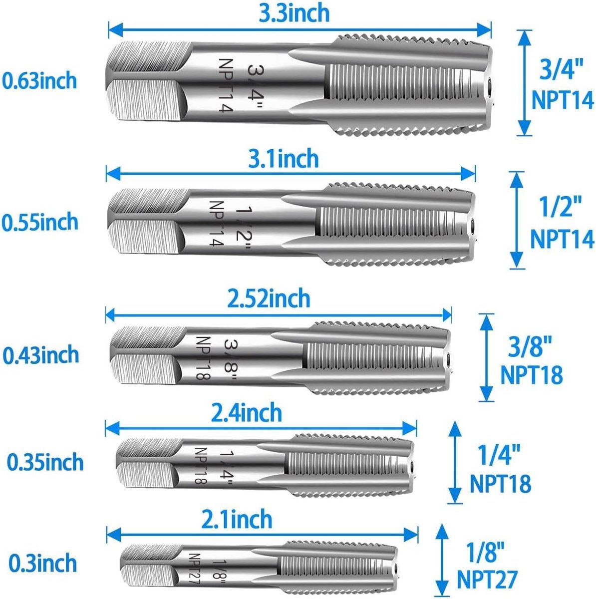 SnelShoppen - 5-delige NPT buis stap set, 3/4, 1/2, 3/8, 1/4, 1/8 inch, carbon staal, veelzijdige schroefdraad maten, nauwkeurig tappen met opbergdoos