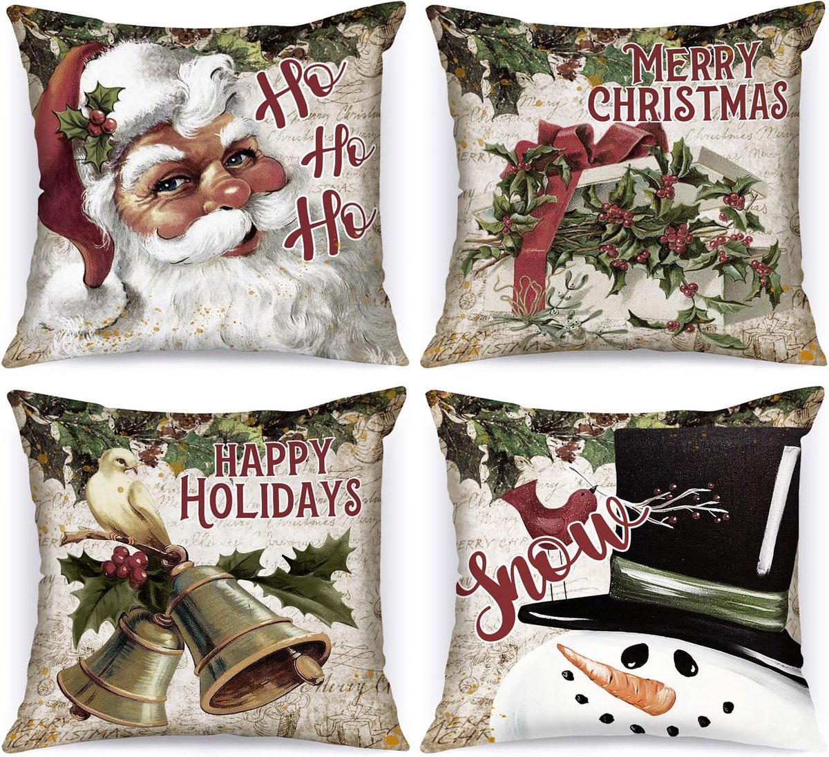 SnelShoppen - Set van 4 Vintage 45x45 cm Kerst Kussenslopen, Retro Santa Claus en Sneeuwman Decoratieve Kussenhoezen voor Binnen, Gezellige Kerstdecor