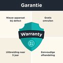 Een turquoise schild-logo met "Warranty" erop.