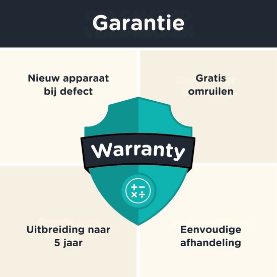 Een turquoise schild-logo met "Warranty" erop.