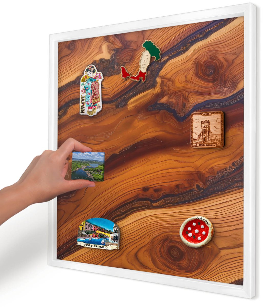 Artprintcave Bruin Magneetbord mit Witte Lijst - 50x50 cm - Houten Ringen Magnetische Organizer - Rustiek Magneetbord Voor Foto's - Texturen