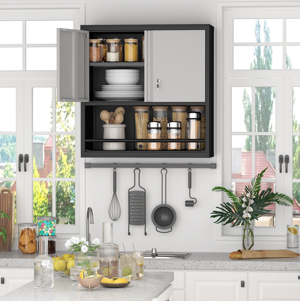 FloraGrace Dressoir - Metalen Wandkast Met 2 Deuren En Verstelbare Plank - Afsluitbaar Voor Keuken En Woonruimte - Metaal - 76,2x30,48x76,2 Cm - Zwart Wit