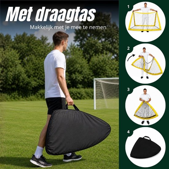 Man draagt een zwarte draagtas met een geel Umbro voetbaldoeltje erin. Ernaast stappen voor montage.