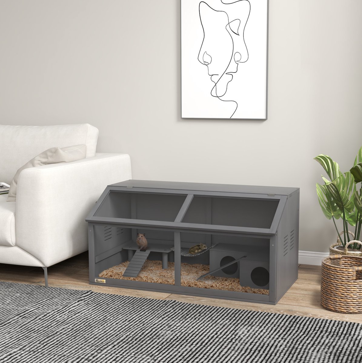 COVREO Hamsterkäfig 100 x 52 x 50 cm, donkergrijs, hout met platform