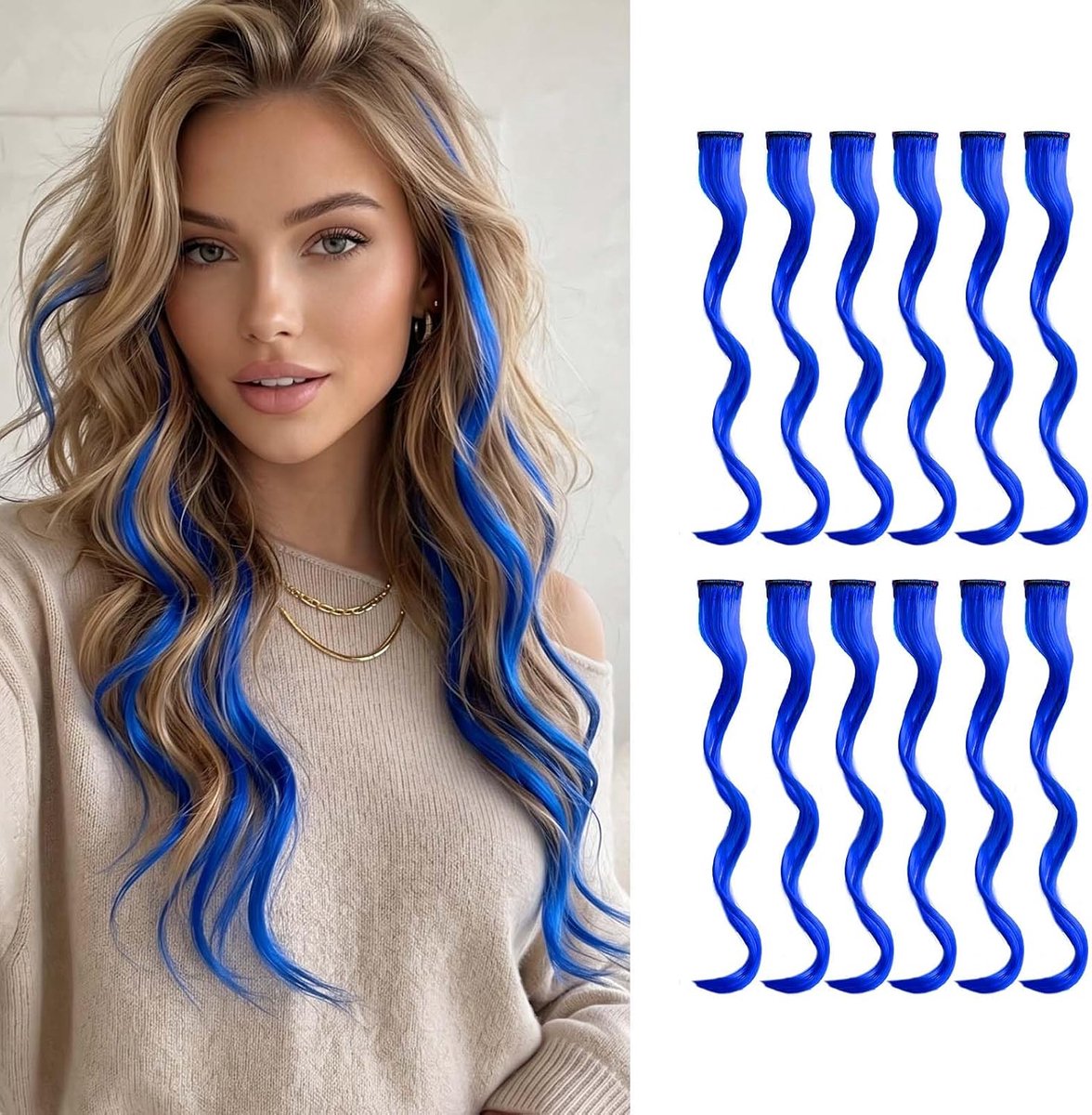 12 Stuks Saffierblauwe Haarverlengingen, Clip-In, Hittebestendige Synthetische Vezel voor Dames en Meisjes, Perfect - ShopVlot