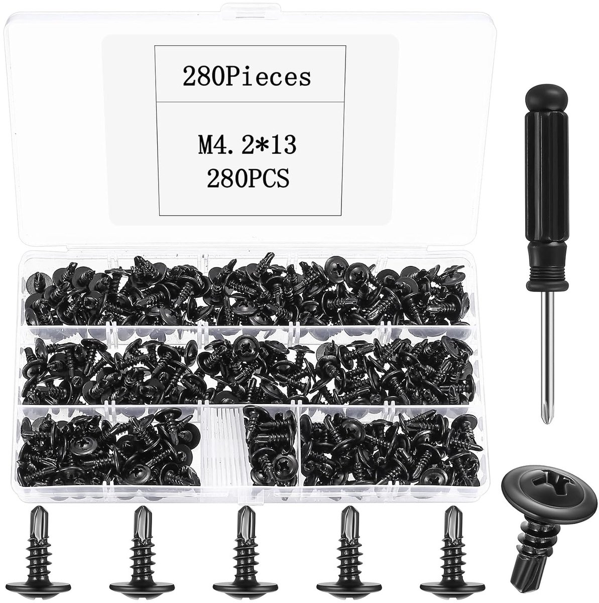 SnelShoppen - Pack van 280 Zelftappende Schroeven M4.2 x 13 mm - Roestvrijstalen Zwarte Metaalschroeven - Scherpe Boorpunt voor Hout en Staal