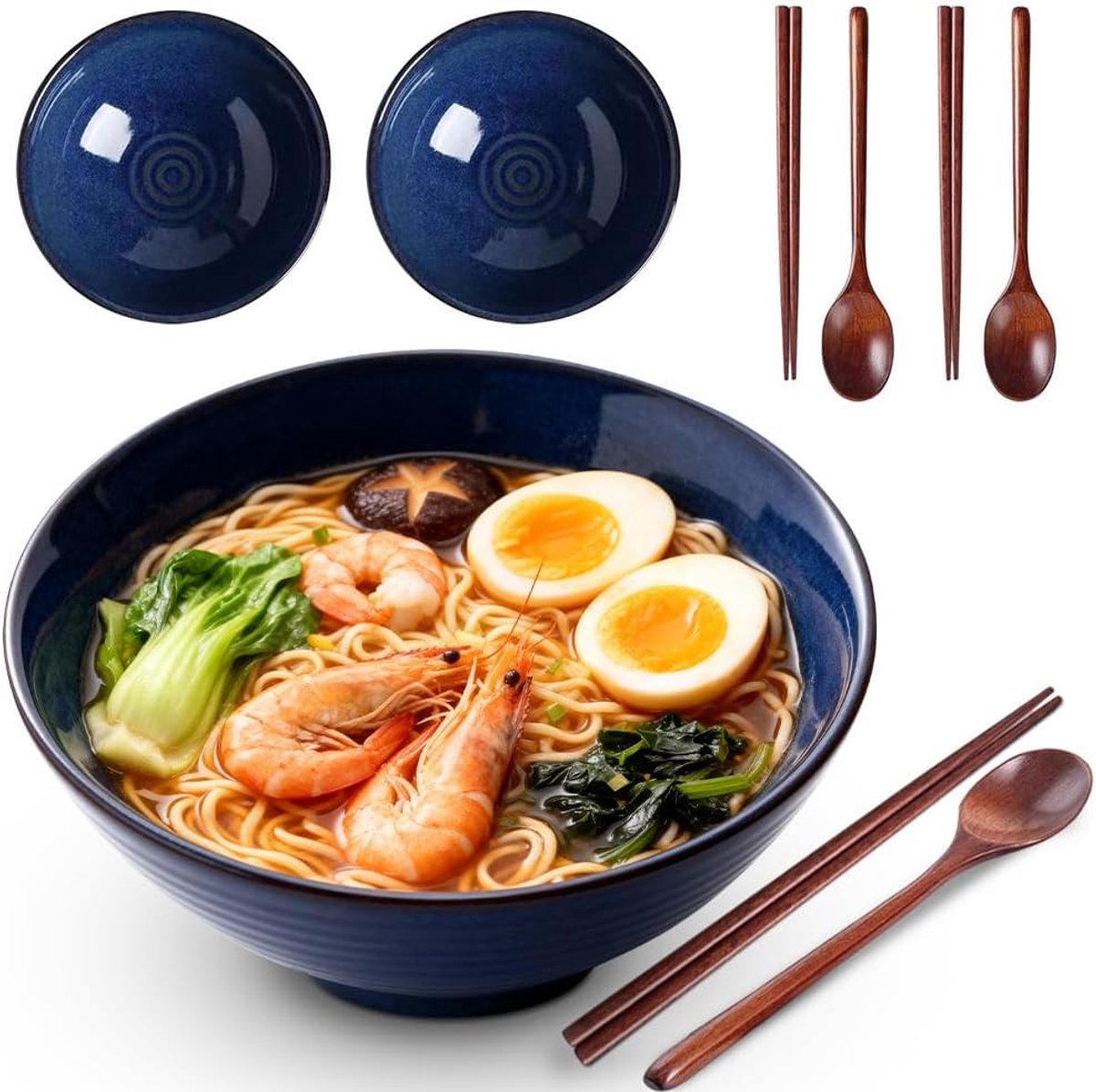 Ramen set 2-delig - keramische kommen 1200ml - met houten chopsticks en lepels - ideaal voor ramenliefhebbers - ShopVlot