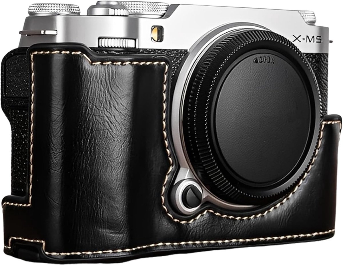 SnelShoppen - Beschermende Camera Case Geschikt voor Fuji X-M5 Camera, PU Leer Half Case met Open Onderkant en Handvat, Compacte Draagtas in Zwart, Ca