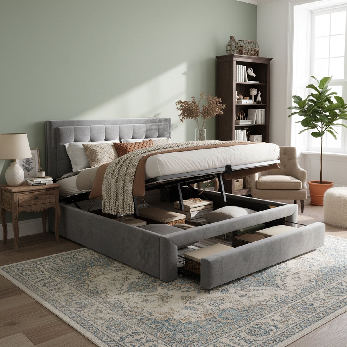 Gestoffeerd bed 140x190 cm - Hydraulische opbergruimte en 2 lades - Grijs - Verstelbaar hoofdeinde in hoogte - Stevige metalen driepoot - Inclusief houten lattenbodem