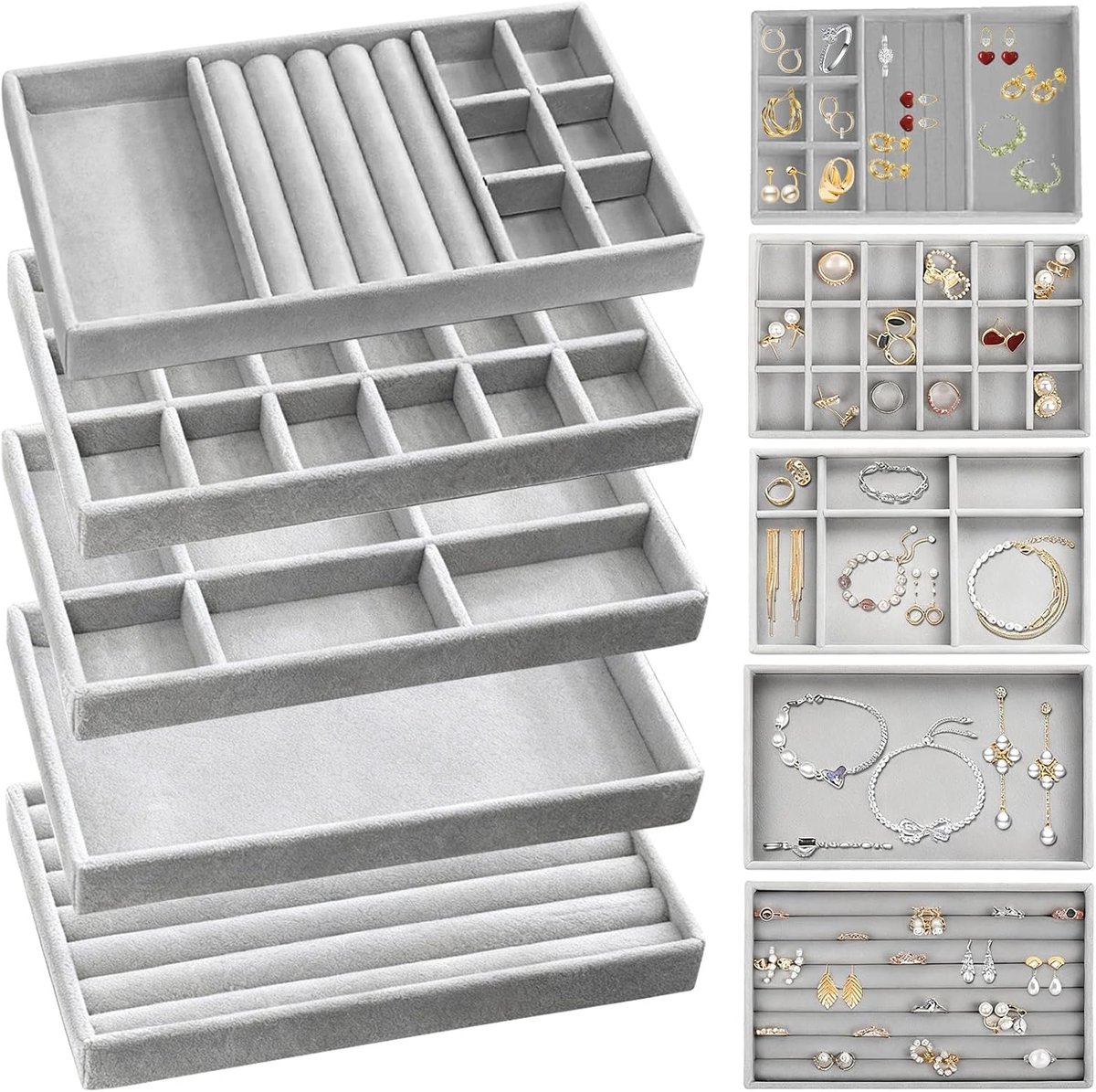 SnelShoppen - 5 Sieraden Opbergdozen, Stofdichte Sieraden Organizer, Multifunctionele Organizer voor Sieraden in Grijs, Ideaal voor Sieradenliefhebber