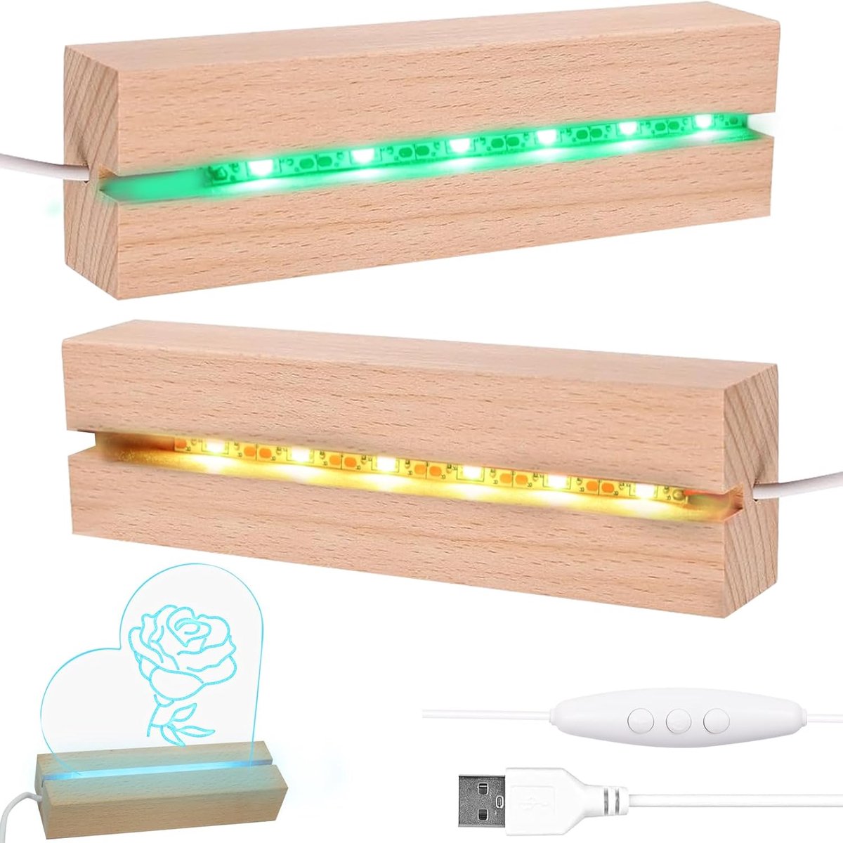 SnelShoppen - LED Basis 2 Stuks LED Licht Display Basis voor Acryl Glas - Houten Desktop Verlichting - Rectangular Houtkleurige USB Licht Basis voor F