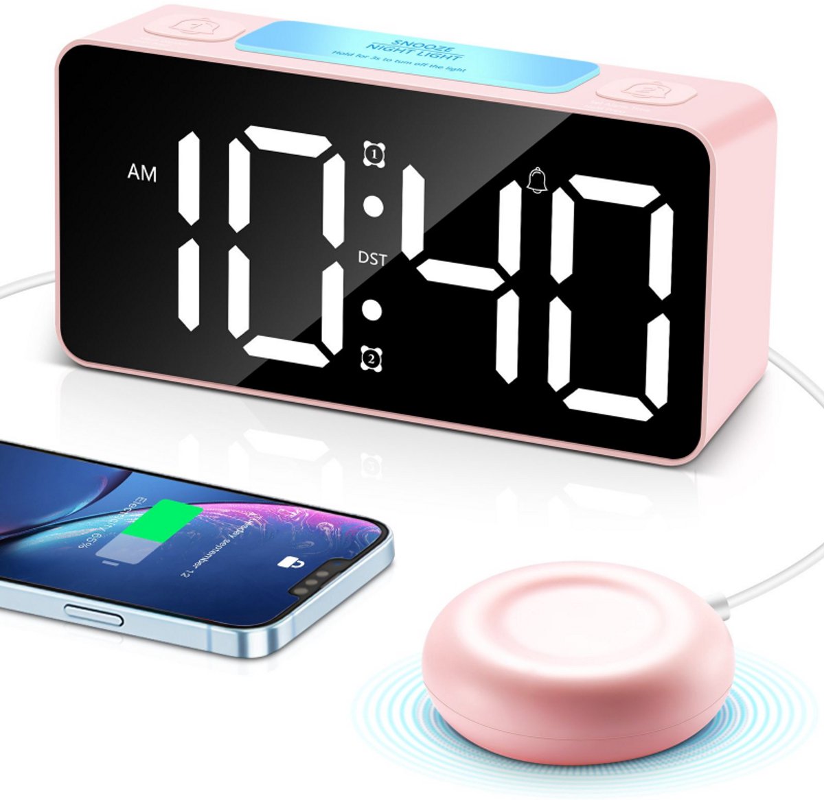 Bobypet - Luid Alarm Wekker voor Diepe Slapers - Digitale Klok met 7-Kleurig Nachtlampje - RGB Bureauklok met USB Oplaadpoort - Verstelbaar Volume tot 105 dB - Slaapkamer Klok voor Kinderen, Tieners en Volwassenen - roze