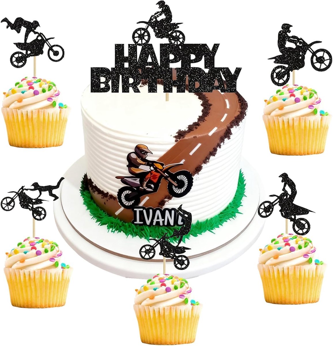 21 Pieces Birthday Motorcycle Cake Decorations Shiny Standing with Sticks Motocross Theme for Birthday Boys Girls - ShopVlot