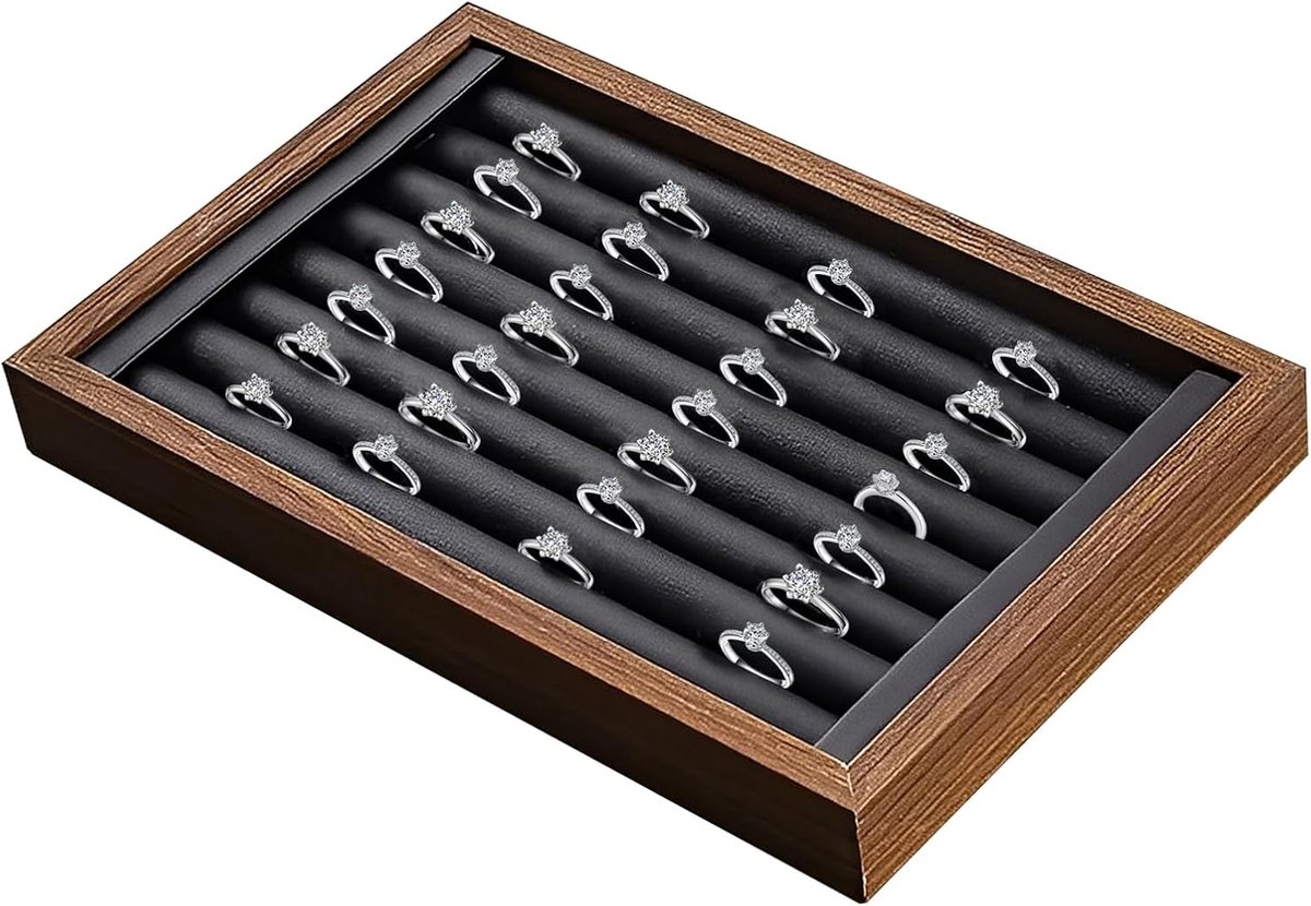 SnelShoppen - Sieradenhouder, Houten Ring, Oorbellen, Opbertray met 7 Compartimenten, Zachte Lining voor Thuis, Slaapkamer, Make-uptafel (Zwart)
