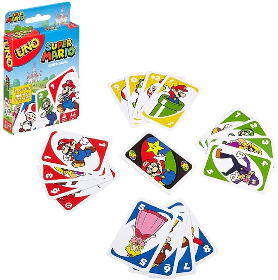 UNO Super Mario speelkaarten met Mario, Luigi, Peach, Toad, Bowser en Waluigi.
