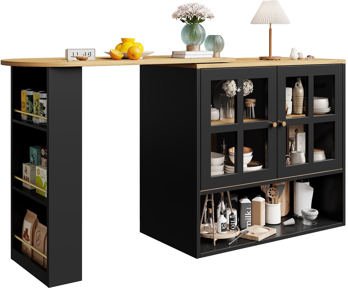 Merax Draaibare Barkast 360° - Uitschuifbaar Dressoir Met Glazen Deuren - Snackrek En 5 Opbergvakken - Zwart - 138-204 x 39 x 102,5 cm
