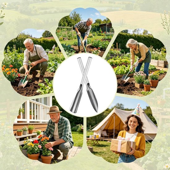 Roestvrij staal tuin bodem scoop set - 2 stuks graven schop gereedschappen, puntige en platte hoofd potting scoops - Handheld planten, onkruid, transplantatie gereedschap kit voor tuin, patio, balkon, boerderij, kassa ga — afbeelding 4