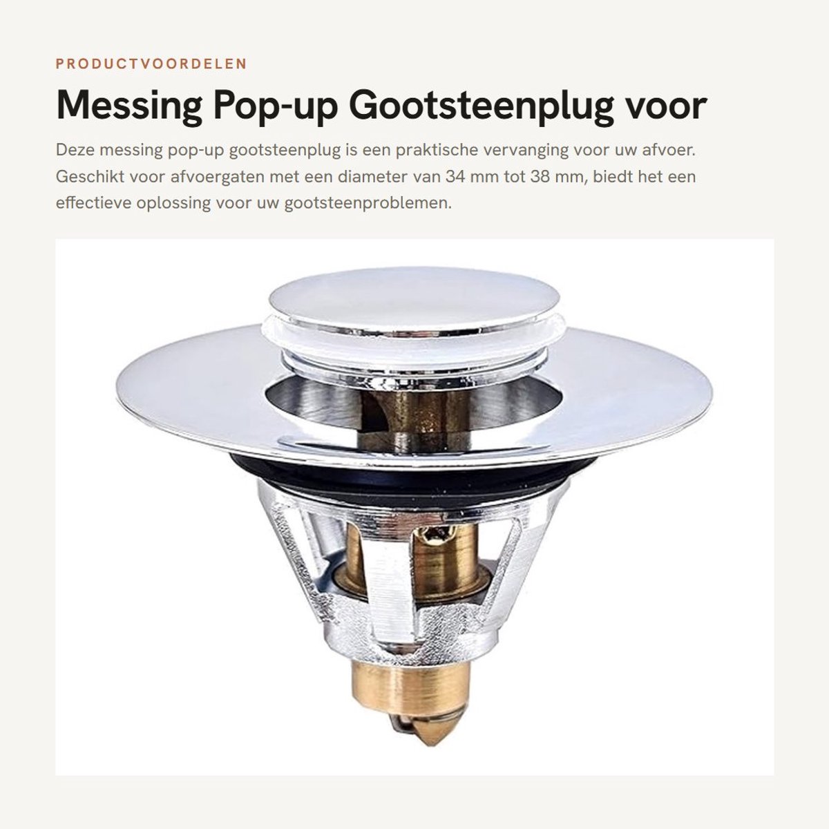 Dailygoods- Gootsteenplug Messing - Afvoerstop 34-38mm - Pop-up Stopper - Wastafelafvoer Plug - Verchroomd - Duurzaam Materiaal - Afvoerplug