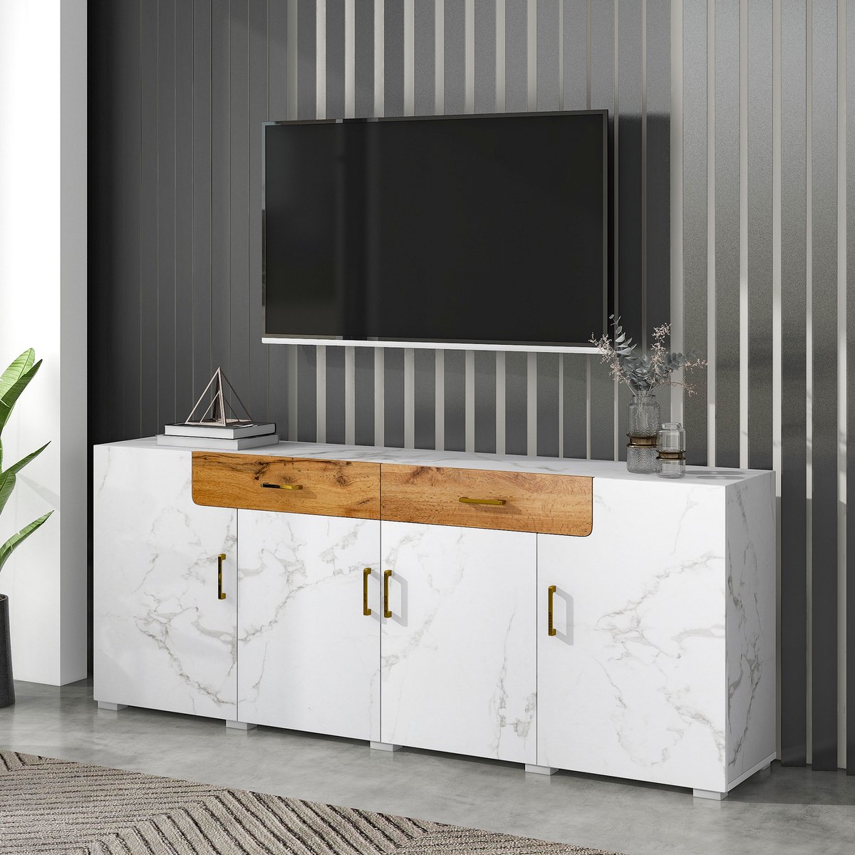 DESMIU Dressoir - Veel Opbergruimte Met 4 Deuren En 2 Lades - Voor Woonkamer Keuken En Hal - Spaanplaat Met PVC Fineer - 208x39,5x80 Cm - Wit