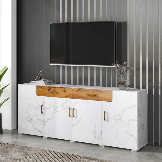 DESMIU Dressoir - Veel Opbergruimte Met 4 Deuren En 2 Lades - Voor Woonkamer Keuken En Hal - Spaanplaat Met PVC Fineer - 208x39,5x80 Cm - Wit